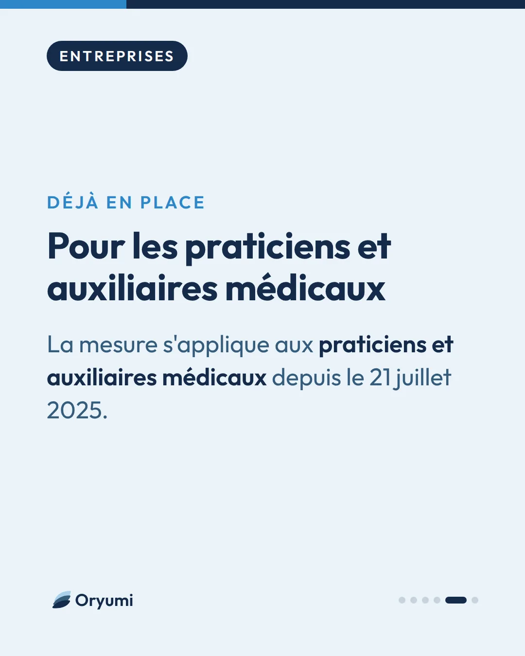 Déjà en place. Pour les praticiens et auxiliaires médicaux. La mesure s'applique aux praticiens et auxiliaires médicaux depuis le 21 juillet 2025.